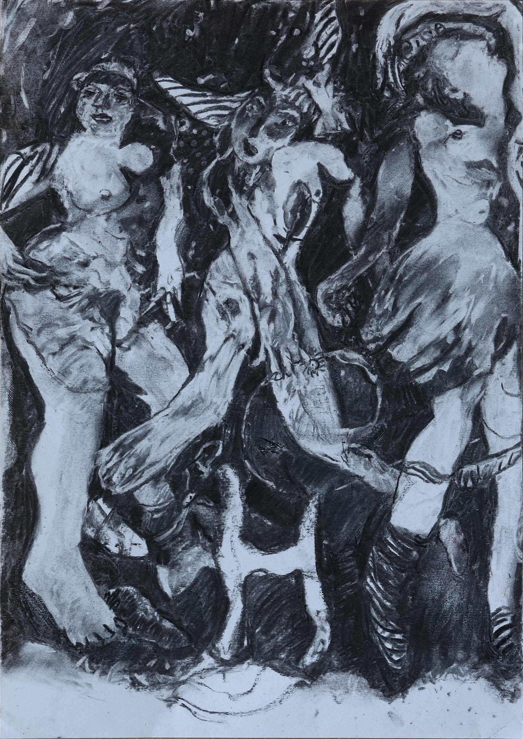 Grainy charcoal drawing of three dancers in weird ecstatic poses