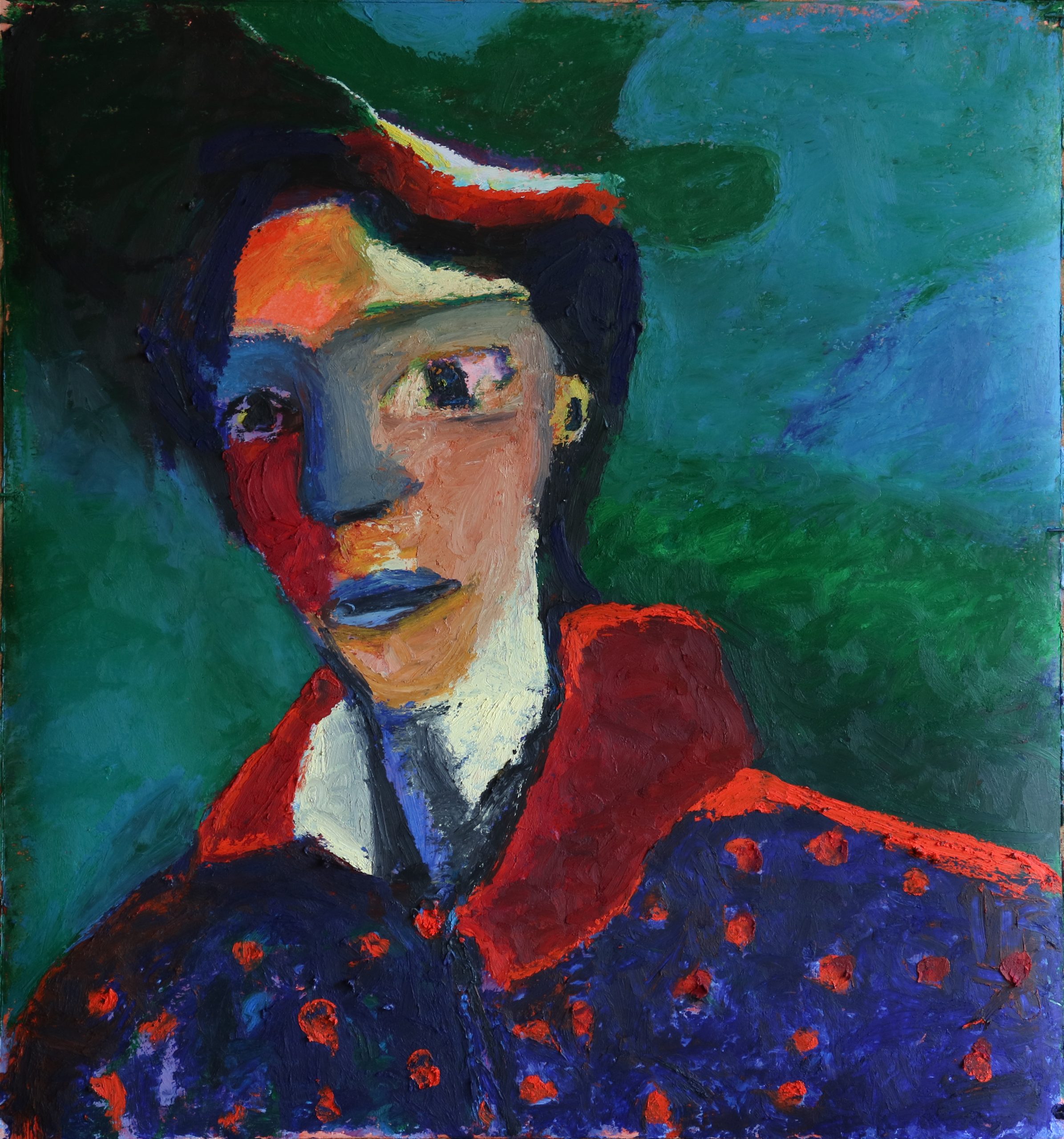 Oil pastel drawing of a man's head and shoulders with a hat and spotty jacket in a landscape.